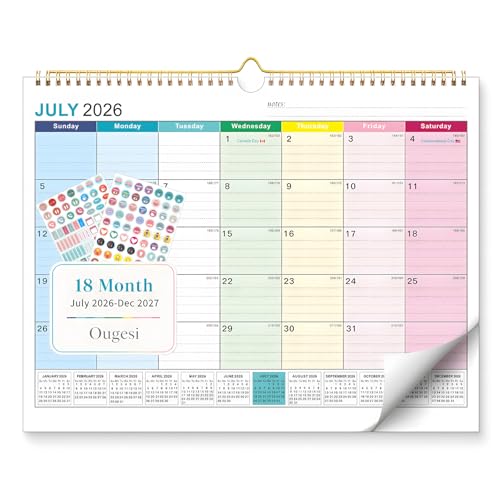 Ougesi 14''x11'' Colorful 18-Month Wall Calendar 2026-2027 Jul-Dec Academic Planner