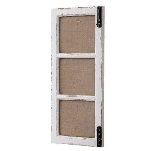 SOFE 32 Inch Long Linen Framed Bulletin Board, Creative Window Frame Wall Decor, Distressed White Fabric Pin Board, Narrow Farmhouse Message Board Decorative Vision Board/Memo Board