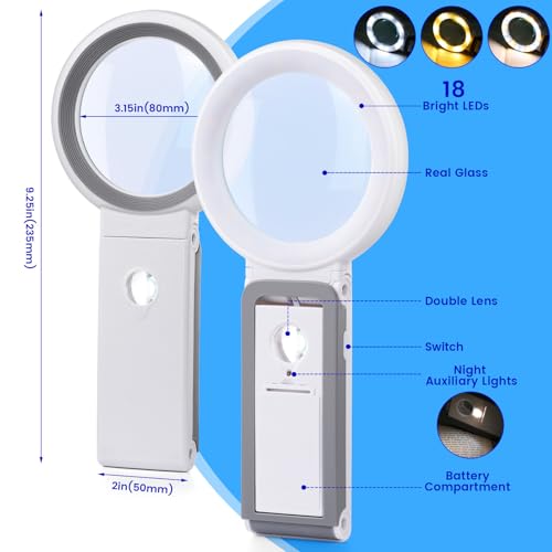 White Foldable Magnifying Glass with Light & Stand for Reading and Inspection