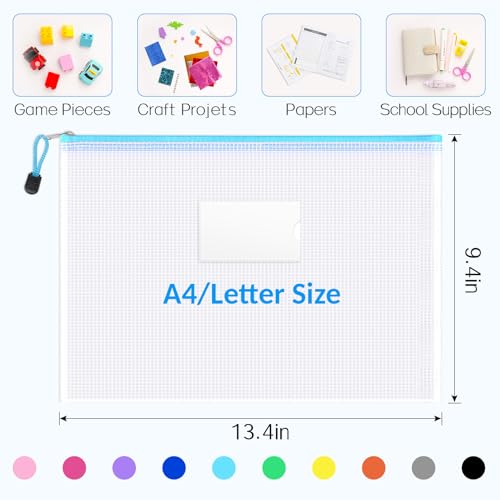 Sooez 20 Pack Mesh Zipper Pouch Bags, A4 Letter Size, Zipper Bags with Label Pocket, Waterproof Pouches for Classroom Organization, Board Game Storage, Document Bag for Teacher School Office Supplies