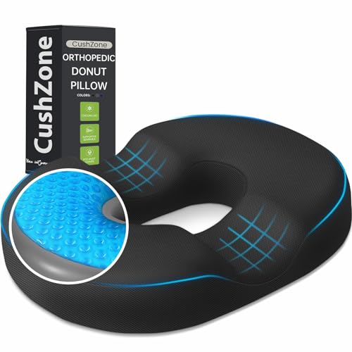 CushZone Black Large Donut Pillow Seat Cushion with Cooling Gel, Memory Foam, Non-Slip