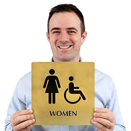 SmartSign 9 x 9 inch Womens Restroom Sign with Women/Handicap Accessible Wheelchair Pictograms, 40 mil Brass Metal, Engraved, Door/Wall Mount Bathroom Sign, Gold and Black