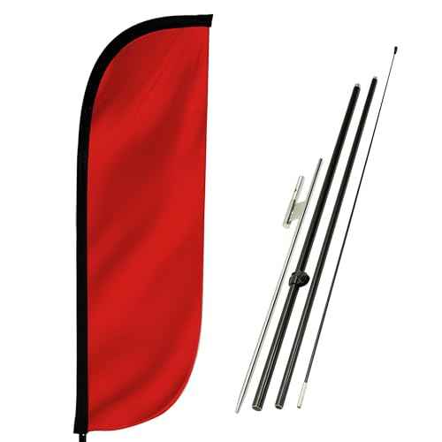 LookOurWay Feather Flag Pole Kit - 7 Feet Tall Advertising Flag Banner with Fiberglass Pole Set and Ground Spike for Business Promotion - Solid Colors - Red