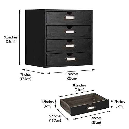 Wooden Storage Box Rustic Desktop Organizer with 4 Drawers Office Desk Accessories Shelf Small Craft Storage Containers Apothecary Cabinet and Chest Jewelry Holder for women(BLACK)