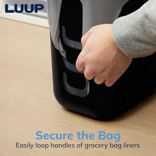 STORi Luup Black 2.5 Gallon Reuse Grocery Bag Trash Can with Hooks - Compact Wastebasket for Kitchen, Bathroom, Office, Garage, Laundry - 1 Pack
