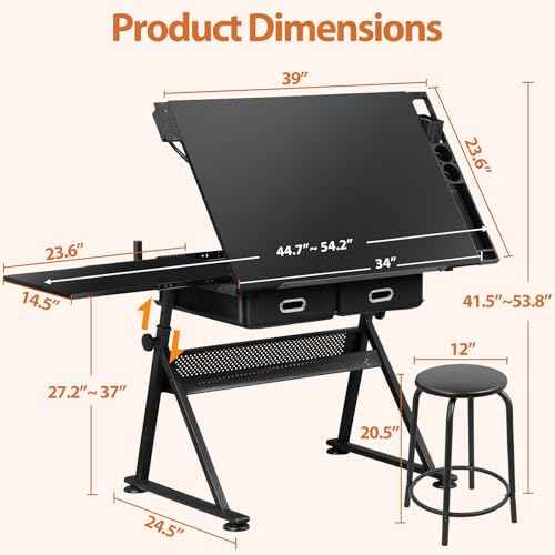 JupiterForce Drafting Table Art Desk w/Power Outlet and Stool, Adjustable Tilting Drawing Table Artist Desk with 2 Storage Drawers, Art Craft Work Station for Home Office Working, Writing, Crafting
