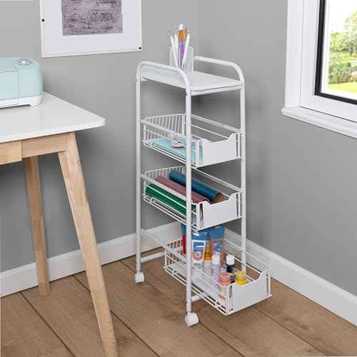 4-Tier Slim Rolling Metal Utility Cart with Drawers, White