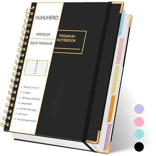 Huhuhero 5 Subject Notebook, 240 Pages Lined Spiral Journal College Ruled, 7.6" x 10.5¡± B5 Hardcover Journaling Notebooks for Work Note Taking, College School Supplies, Black