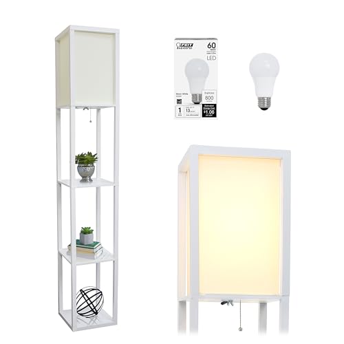Simple Designs LF1014-WHT-LB Three Shelf Etagere Organizer Storage Floor Lamp with White Linen Shade for Living Room, Bedroom, Office, Hallway, White, with Feit LED Bulb Included
