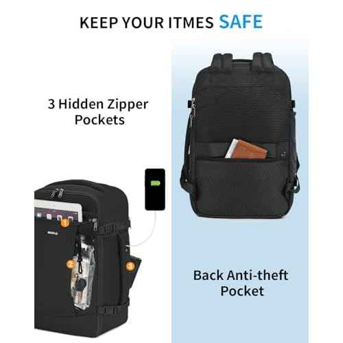 ECOHUB Travel Backpack for Men Women, Carry on Backpack with USB Charging Hole, Spirit Airlines Personal Item Bag Flight Approved, 15.6 Inch Laptop Backpack with Anti Theft Pockets, 30L, Black