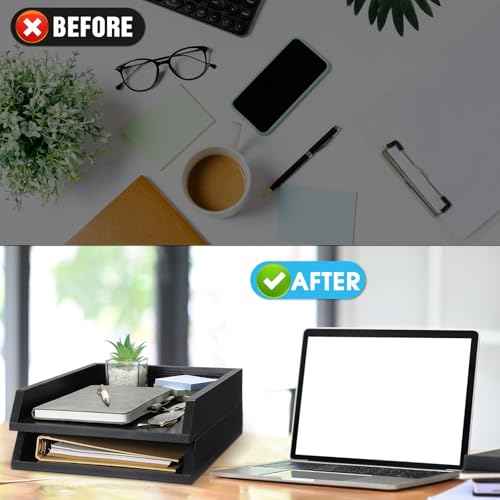 2 Pcs Wooden Letter Trays Wood Letter-Size Desk Organizer Heavy Duty 2 Tier Stackable Supports Paper Tray Desktop Drawer Organizer File Folder Magazine Office Accessories (Black)