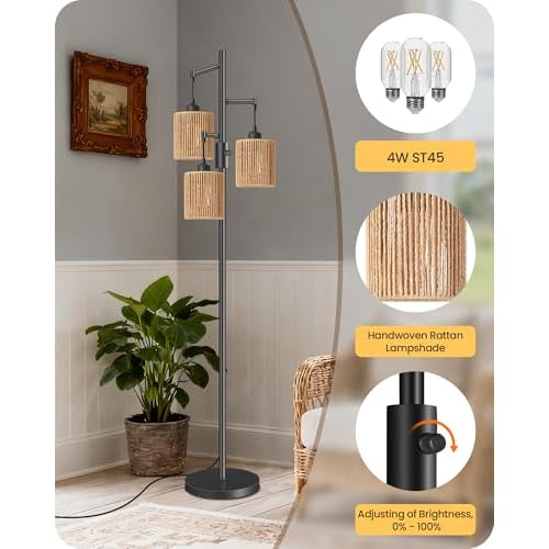 Dimmable Floor Lamp, Farmhouse Tall Standing 70.3" Tree Lamp with 3 Rope Woven Lampshades, Boho Rattan Floor Lights, 4W 3 LED Bulbs Included, for Living Room, Bedroom, Study, Office AB03LD05