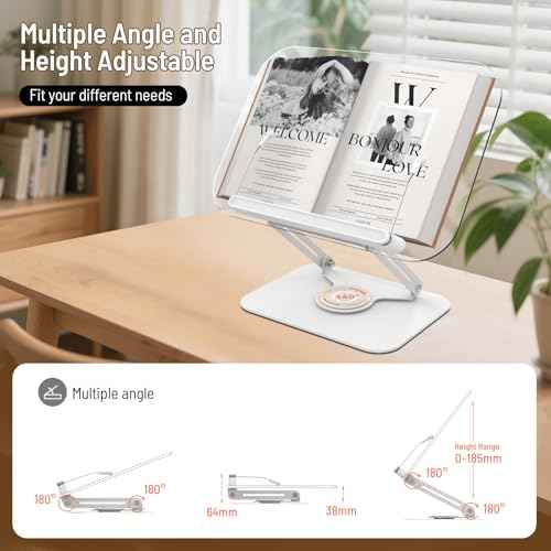 Acrylic Book Stand for Reading Hands Free - Adjustable 360¡Æ Rotating Cookbook Holder with Elastic Page Clips & Foldable Base, Multi-Angle Desktop Display Stand for Recipes, Textbooks, Tablets, Bibles