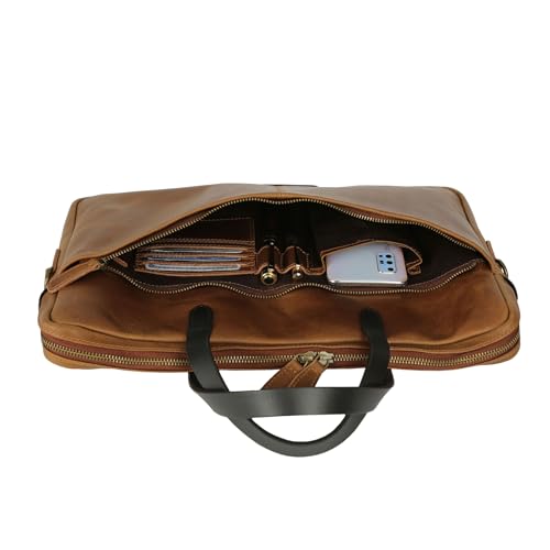 KomalC 15.5 Inch Leather Laptop Sleeve with Trolley Strap ? Slim Genuine Leather Bag for 13", 14", 14.5" Laptops ? Office Briefcase with Shoulder Strap & Organizer
