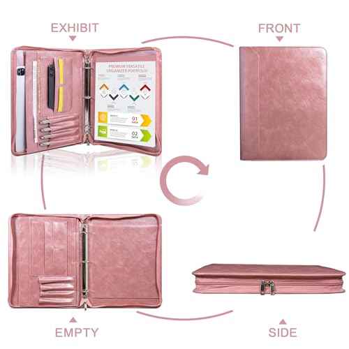Rose Gold Padfolio,Vegan Leather Portfolio for Women,3-Ring Binder with Zipper, A4 Planner Binder with Laptop Pocket,Legal Size Portfolio,WorkBinder Organizer for Women and Girls