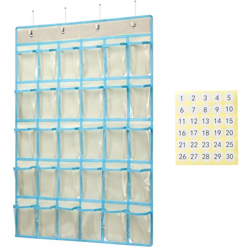 KEEPJOY Beige Classroom Pocket Chart Organizer with 30 Clear Pockets & Number Stickers - Cell Phone and Calculator Holder, 33.5 x 24.5 Inch, 1 Pack