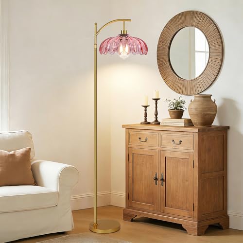 QIYIZM Pink Floor Lamp 4 - Dimmable Tall Arc Lamp with Remote & Adjustable Height, Mid Century Modern Boho Brass Lighting for Living Room & Bedroom