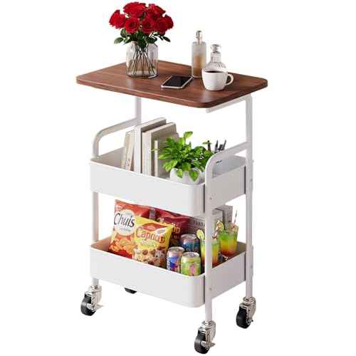 3-Tier Metal Utility Rolling Cart with Drawer & Wooden Table Top£¬with Fixed Wheel Locks,for Small Spaces Kitchen Storage£¬Office Bookshelves, Bedroom Racks, and Bathroom Storage. (White)