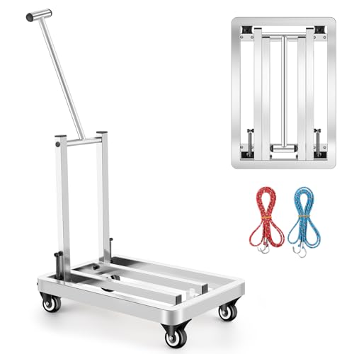 Folding Stainless Steel Hand Truck, Adjustable Handle Utility Cart with 4 Wheels & 2 Lashing Straps for Moving, Travel, Shopping, Office Use, Gardening,500 LB Heavy Duty Luggage Cart