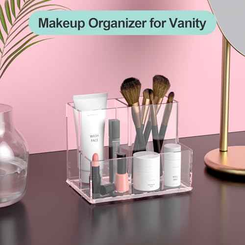 Clear Pen Holder for Desk, Small Acrylic Pencil Holder, Compact Makeup Brush Holder Organizer for Vanity, Pen Pencil Organizer Cup, Office Desk Organizer and Accessories, 3 Compartment Design