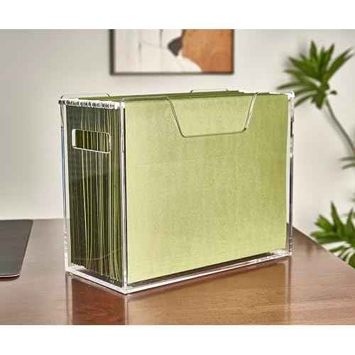 Acrylic File Holder - Clear Hanging File Organizer Box, Modern Acrylic File Folder Organizer, Lucite Hanging File Crate Bin with handles, Transparent Desktop File Folder Box for Letter Size