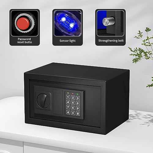 Safe Box with Sensor Light, Security Safe Steel Construction Hidden Money Safe with Lock,Wall or Cabinet Anchoring Design for Home, 0.55 Cubic Feet Black