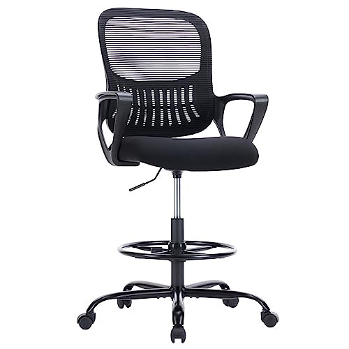 DUMOS Drafting Chair - Counter Height Adjustable Tall Office Desk Chair with Fixed Armrests and Comfortable Lumbar Support for Standing Desk, Deep Black