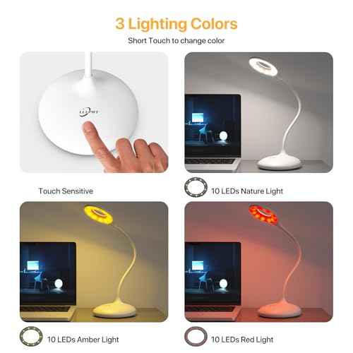 LED Desk Lamp with 3 Color Modes, Touch Control 30 LEDs Table Lamp, Stepless Dimming Reading Light,360¡Æ Flexible, Rechargeable Portable Eye-Caring Sleep Aid for Dorm Study Office Bedroom, White