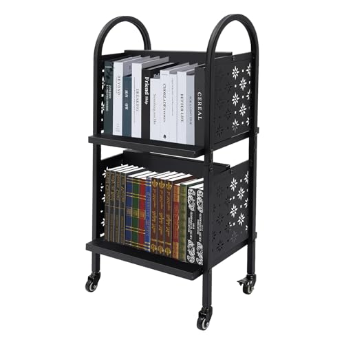 CeRaBuRET Black Rolling Book Cart | 2-Tier Moveable Library Cart with 2 Lockable Wheels, 34in Tall