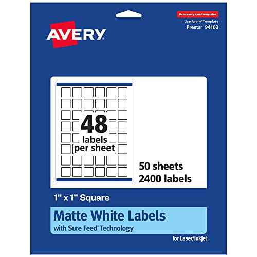 Avery Matte White Square Labels, Sure Feed Technology, 1" x 1", 2,400 Matte White Printable Labels