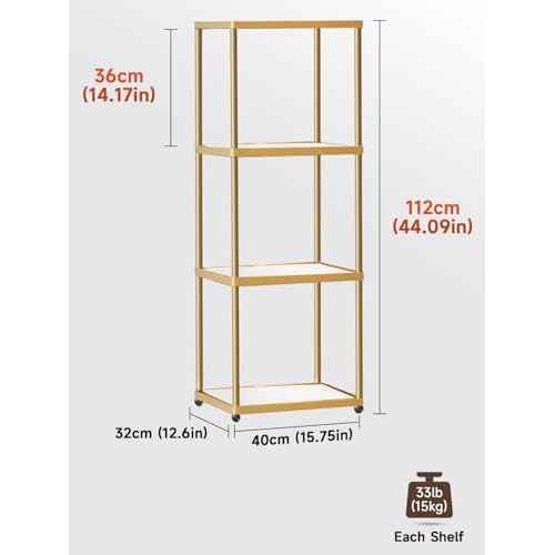 MANBUR Display Shelf with Dimmable LED Floor Lamp, Display Cabinet with Glass Bookcase, Home Decor, Bedroom Decor, Bookshelf with Light, Open Book Shelf with 4-Tier Shelf for Living Room Decor Gold
