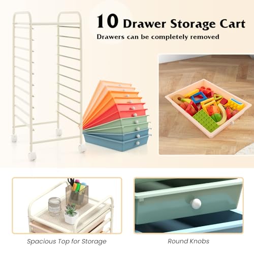 10 Drawer Storage Cart, Rolling Cart with Lockable Wheels, Trolley Utility Cart with Removable Drawers, Mobile Organizer with Handle for Living Room Kitchen Home Office (Macaron)