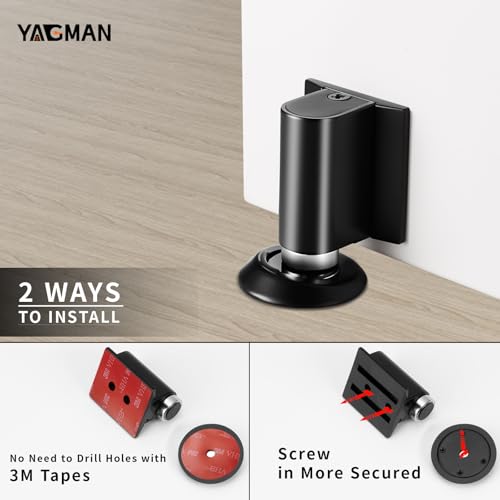 Yagman Magnetic Door Stopper Floor Mount, No-Drill Adhesive, Retractable, 1 Pack – Black