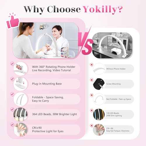 Yokilly Half Moon Light for Nail Desk: 29" Foldable Half Moon Desk Lamp with Phone Holder for Beginner - Arch Nail Tech Light with 3 Color Modes & 10 Brightness for Manicure Salon (Diamond, Large)