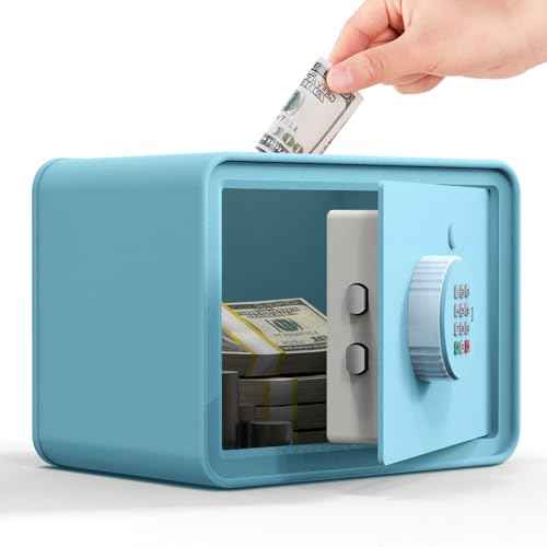 Kids Mini Safe Small Cash Box ? GoldenKey Blue Macaron 7¡±x9.4¡±x6.3¡± Money Security Safe with Coin & Bill Slot, Keypad & Key Lock, USB Backup, DIY Stickers, Piggy Bank for Home