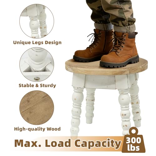 JUMBO DECOR Whitewashed Round Wooden Step Stool for Kids & Adults – Farmhouse Plant Stand, 11.8 in