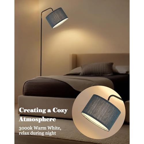 ELYONA LED Floor Lamp with 3 Color Temperatures, Modern Reading Standing lamp with Blue Linen Adjustable Hanging lampshade, Tall Pole Metal Lamp with 9W Bulb for Bedroom, Living Room, Office