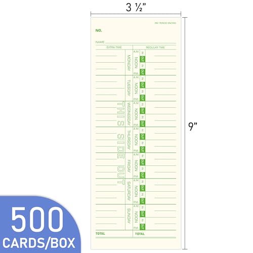 Btlwpy 500-Pack Weekly Time Cards 1-Sided, 3-1/2" x 9", Named Days, Green Print - Time Cards for Employees and Time Clocks