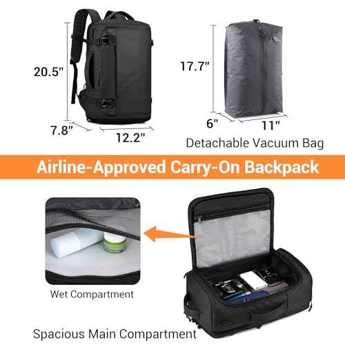 Vacuum Seal Backpack for Travel with Pump, 55L Large Backpack with Detachable Vacuum Compression Bag Waterproof Carry On Large Travel Bag for Airline Laptop Backpack with Shoe Compartment