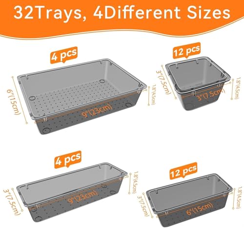 WOWBOX 32 PCS Clear Plastic Drawer Organizer Set, 4 Sizes Desk Drawer Organization and Storage Containers for Makeup, Cosmetics, Jewelry and Gadgets in Kitchen, Bathroom, Bedroom, Office, Clear Black