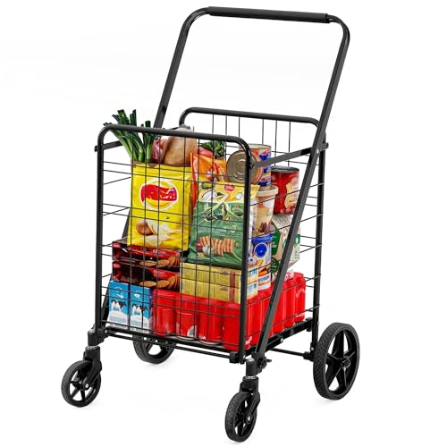 YITAHOME Folding Shopping Cart with Wheels, Large Rolling Grocery Cart, Reinforced Mesh Bottom, Foldable Utility Cart for Groceries, Laundry & Storage (Portable, Collapsible, Sturdy)
