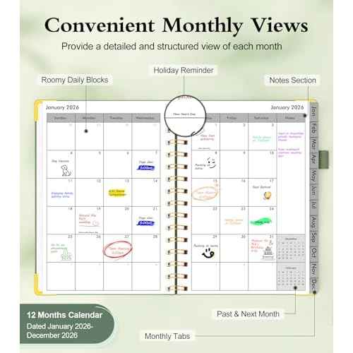 2026 Planner, Hardcover Leather Weekly and Monthly Planner, January 2026 - December 2026, Spiral Yearly Agenda Organizer Book 2026 with Tabs, Daily Calendar Planners for School Work Home, A5 (5.75" x 8.38"), Green
