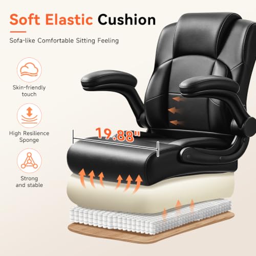 JMYMRY PU Leather Drafting Chair with Foot Ring, Black/Modern, Height Adjustable 360° Swivel, Flip-Up Armrests, Counter/Standing Desk