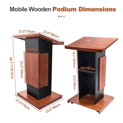 Vakiorn 44.6IN Wooden Podium Stand with 4 Locking Wheels – Lectern Pulpit with Storage