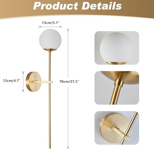 BOKT Mid Century Modern Long Wall Sconce Brushed Brass Bathroom Vanity Wall Sconce Lighting Small Gold Globe Wall Light White Glass Sphere Wall Lamp Antique Brass Wall Lighting