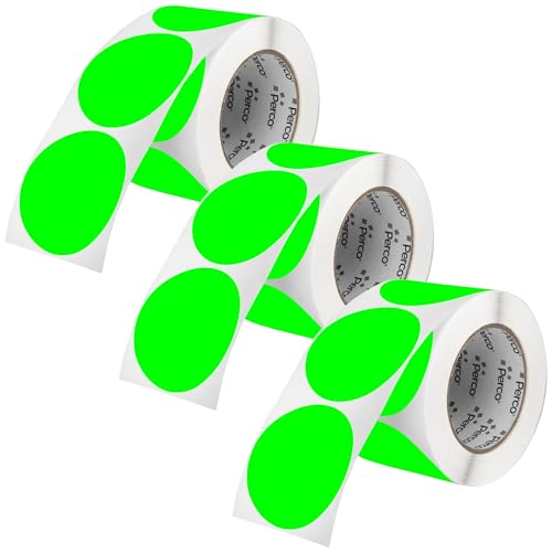 Perco Fluorescent Green 3-Inch Round Circle Dot Sticker Labels - Multi-Roll Pack (3 Rolls, 500 Labels Each) - Permanent Adhesive, Vibrant Colors, Strong Hold - Perforated for Easy Use - Made in USA