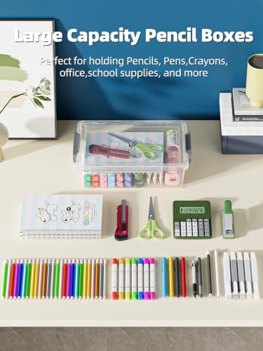 BiuLeon Grey 4 Pack Extra Large Plastic Pencil Cases, Stackable Art & Craft Organizer