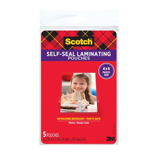 Scotch Self-Sealing Laminating Pouches 4 x 6 Inches, Gloss Finish, 1 Pack of 5