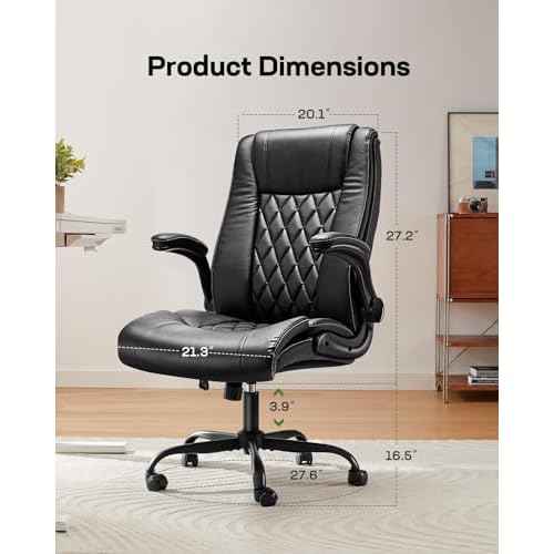 Marsail Executive Office Chair with Flip-up Armrests,PU Leather Ergonomic Desk Chair Height-Adjustable Swivel Rolling Computer Desk Chair,Black