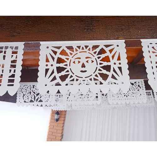 Mexican Flags Bulk White Papel Picado Banner Pack - Over 120 feet, Made from Elegant White Tissue Paper with a Mexican Spring Theme of Flowers, Birds, Suns and Butterflies.